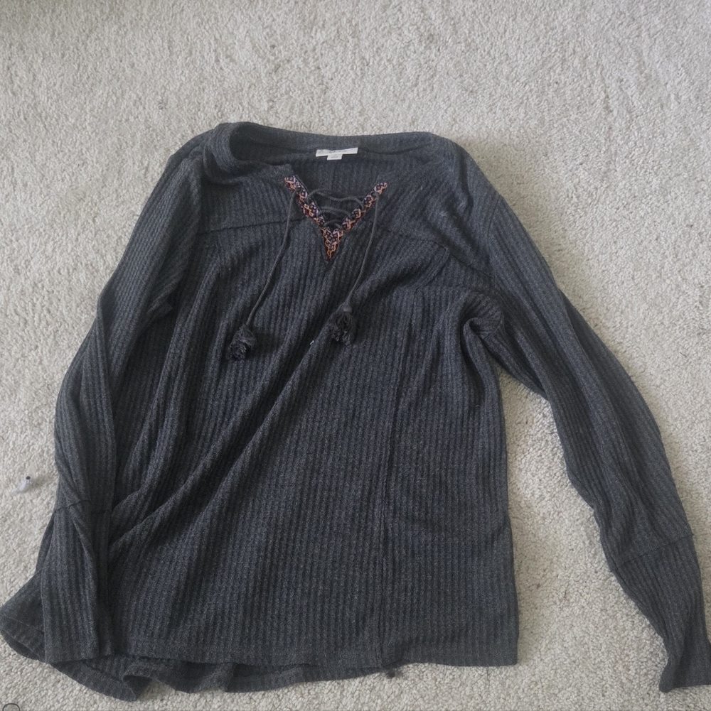 Dark Gray Ribbed Long Sleeve Top with Embroidered V-Neck